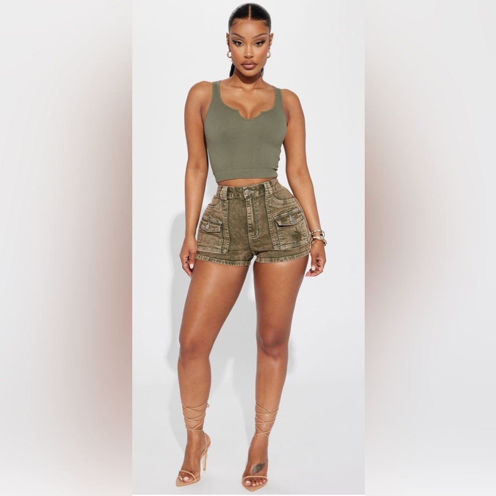 Fashion Nova High Waist Green Distressed Denim Shorts